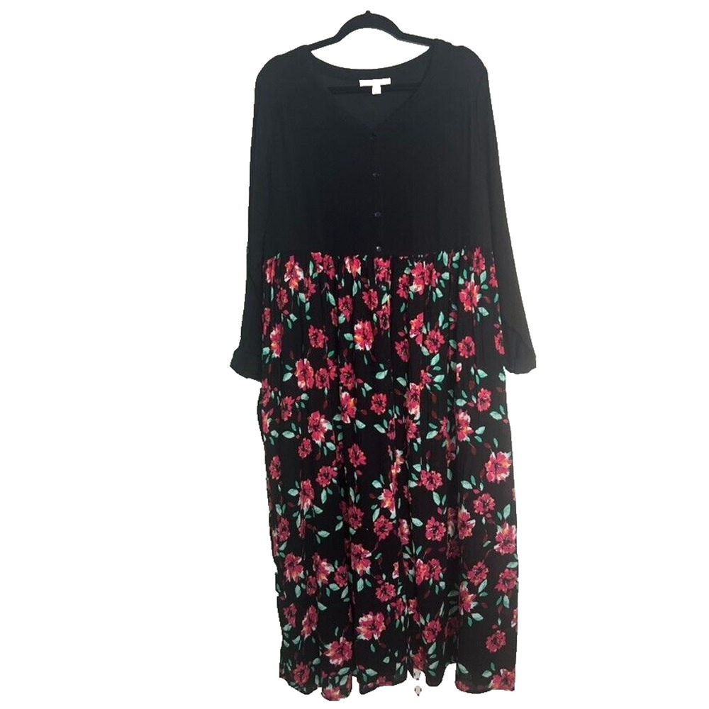 Woman Within Dress Women Plus 18W Casual Maxi Floral Long Sleeve Button Up